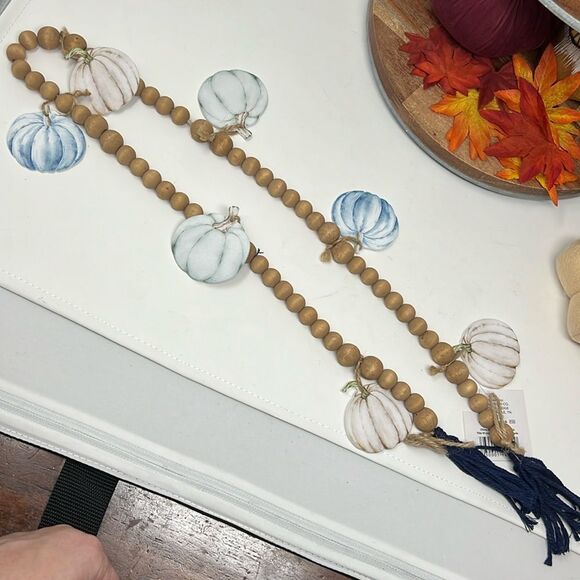 CLEARANCE! Pumpkin Garland Wooden Beads Navy Jute Tassel Fall Decor Thanksgiving - Picture 8 of 11